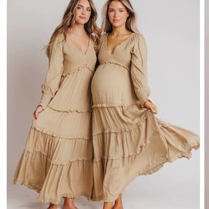 Pippa Long-Sleeved Smocked Maxi Dress in Taupe - Bump Friendly